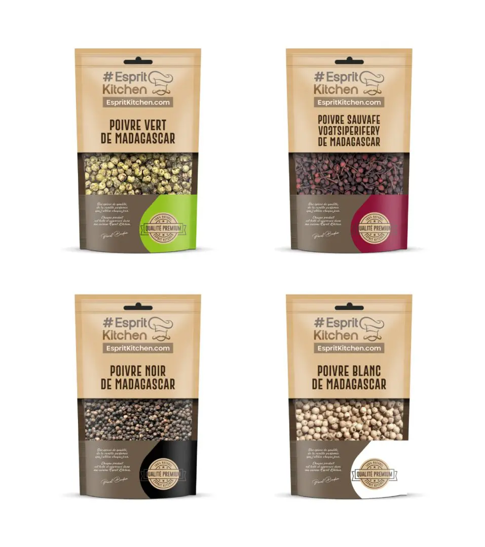 Pack 4 poivres de Madagascar – Blanc, noir, vert et sauvage – 200 gr
